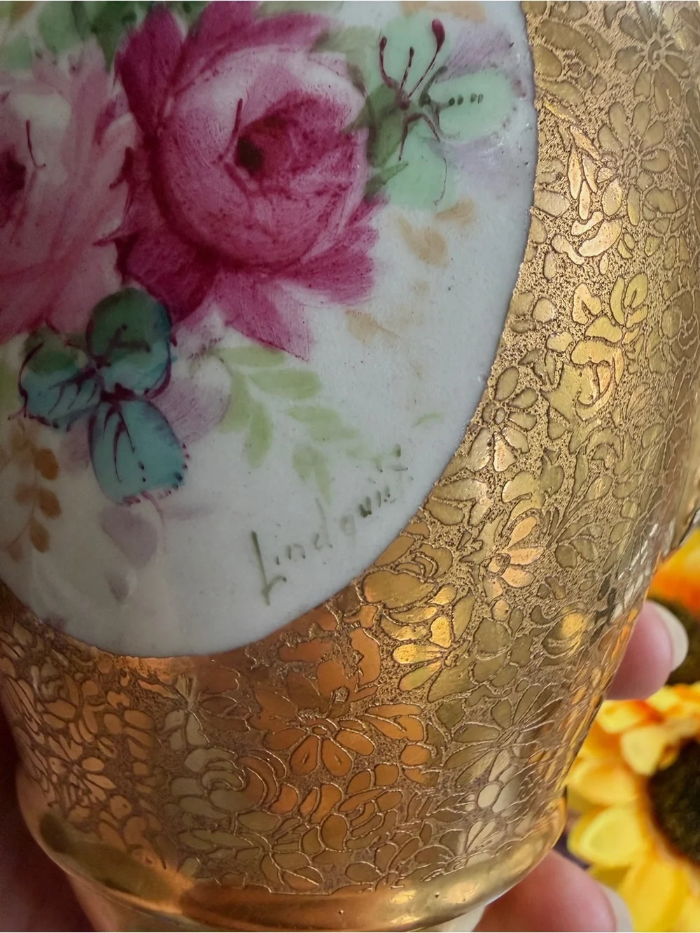 Antique Limoges France 10” Hand-Painted Rose Vase – Heavy Gold Gilt, Artist Sign